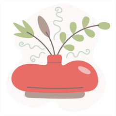 Minimalistic red vase with plants in boho style. Flat vector illustration on a beige background. Abstraction for interior decoration.