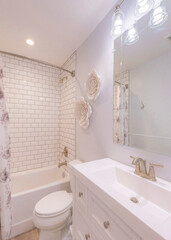 Vertical Traditional bathroom with white floral theme and tub shower with subway tiles surround