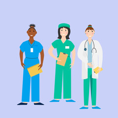 A group of medical workers. Doctors and nurses greet patients. Vector illustration. For use in brochures, advertising posters, prints and flyers, leaflets, books.