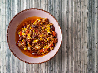 Chili con carne, a traditional Mexican dish with beef and beans.
