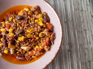 Chili con carne, a traditional Mexican dish with beef and beans.