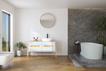 Stylish bathroom interior with white and concrete walls, white basin with oval mirror, bathtub, plants and dark parquet floor. Minimalist cozy bathroom with modern furniture. 3D rendering
