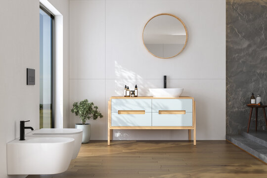 Stylish bathroom interior with white and concrete walls, white basin with oval mirror, bathtub, plants and dark parquet floor. Minimalist cozy bathroom with modern furniture. 3D rendering
