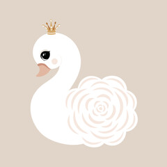 Cute princess swan background cartoon hand drawn vector illustration t-shirt print, kids wear fashion design, baby shower invitation card. Swan princess mother baby girl room Cute princess swan

