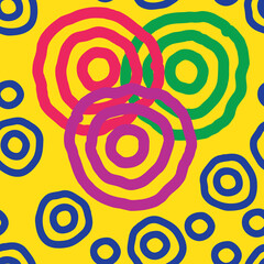 Seamless geometric vector pattern, circles and dots. Happy positive composition and colours for fabric design, textile print, wallpaper, scrapbook, wrapping paper. Childish, sporty, fashionable style.