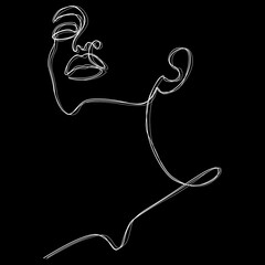 Minimalist silhouette of woman face. Black and white. Black background. Face line art. One line drawing.