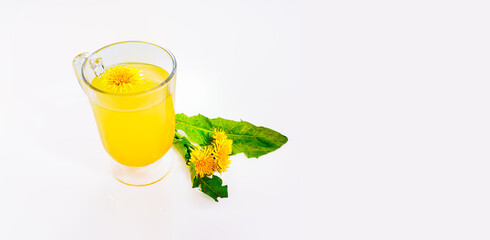 Dandelion tea in a glass cup on a uniform background, a natural product from Taraxacum protects against diseases, dandelion herbal tea improves cellular health, helps in weight loss. Banner