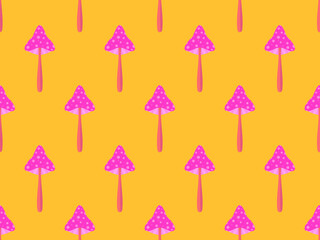 Toadstool mushrooms seamless pattern. Pink mushrooms on yellow background. Not edible poisonous toadstool mushrooms. Design for posters, banners and promotional items. Vector illustration