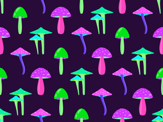 Psychedelic mushrooms seamless pattern. Acid trip, colorful mushrooms in the style of the 80s. Design for posters, banners and promotional products. Vector illustration