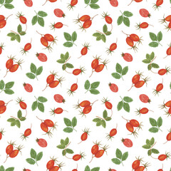 Red dog rose berries and leaves seamless pattern, hand painted watercolor illustration, simple repeat ornament for Thanksgiving, autumn holiday, harvest time decor, wrapping paper, fabric, textile