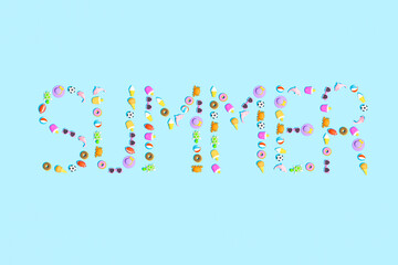 Trendy sunlight Summer composition. Word Summer with various things on bright light blue background. Minimal vacation concept.