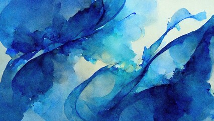 Blue watercolor with abstract shapes and forms on yellow paper. Water paint texture, water splatter, textured background in 4k. Artistic design.
