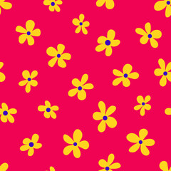 Vector illustration of minimalist style bright yellow flowers forming seamless pattern on pink background