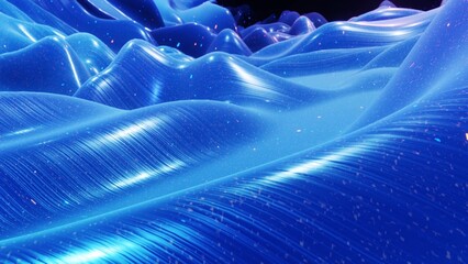 3d render. Fantastical festive blue bg. Stylish abstract background, waves on glossy surface like landscape made of liquid blue wax with sparkles. Beautiful soft background