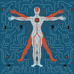 human anatomy with circuit line and brain conected to processor suitable for artficial intelligence illustration