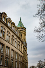 Fototapeta na wymiar Beautiful Green Tiled Spire on a Traditional Building in Luxembourg City, Luxembourg