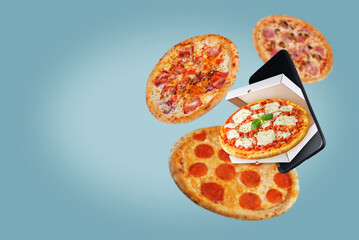 Set of different flying pizzas with a phone on a bright background, such as pepperoni, carbonara, margarita, with mushrooms