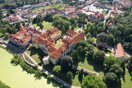 The Cistercian Abbey of Zbraslav, Abbey, church, monastery Zbraslav, Prague, Zbraslav castle,Czech republic, aerial panorama landscape, summer, spring, view, Zbraslavsky kl&aacute;&scaron;ter, Zbraslavsky zamek