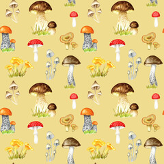 Watercolor mushrooms seamless pattern. Hand drawn Illustration for creating fabrics, wallpapers, gift wrapping paper, invitations, textile, scrapbooking.