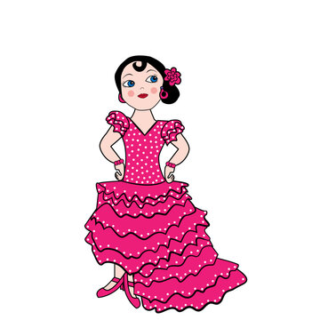 Mujer con traje de flamenca en rosa.