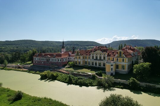The Cistercian Abbey of Zbraslav, Abbey, church, monastery Zbraslav, Prague, Zbraslav castle,Czech republic, aerial panorama landscape, summer, spring, view, Zbraslavsky kl&aacute;&scaron;ter, Zbraslavsky zamek
