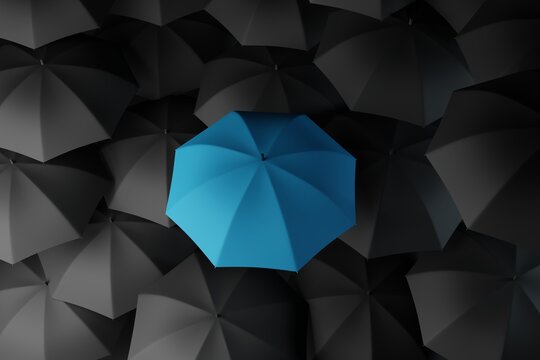 Lots of black umbrellas and one blue one that stands out. The concept of differentiation, individuals. 3d rendering, 3d illustration.