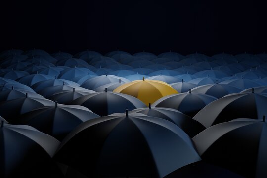 Lots of black umbrellas and one yellow one that stands out. The concept of differentiation, individuals. 3d rendering, 3d illustration.