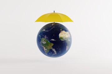 Umbrella covering the planet earth. World protection concept, a protective umbrella for the Earth. 3d render, illustration.