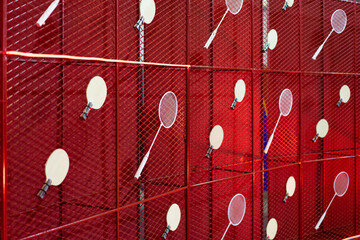 Table tennis and badminton rackets are hung on a red square grill steel grid, used as a backdrop for various events.