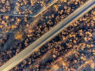 Aerial drone view of road in the middle of the Brazilian savannah, the cerrado, surrounded by low plants