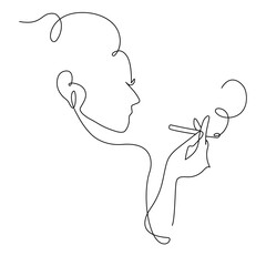 silhouette of a girl smoke cigarette  black contour outline art