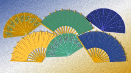 Yellow, green and blue hand fans on a gradient blue-yellow background