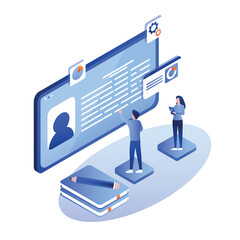 Job presentation application screen or isometric page for work candidate CV or resume constructor. Smartphone app for recruitment agency or hiring business, vacancy search, employee.