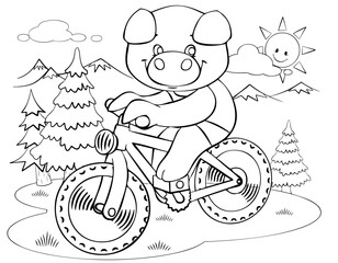 Cartoon pig cyclist for coloring page.