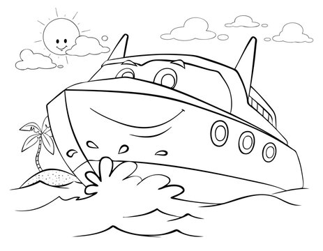 smiling boat on water with sun and clouds clip art preview