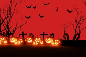 Halloween pumpkins smile and scary eyes with bats and graves backdrop. with a big blood moon, 3d render, banner.