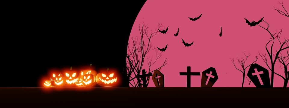 Halloween pumpkins smile and scary eyes with bats and graves backdrop. with a big blood moon, 3d render, banner.