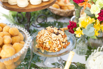 pie with cashews and apricots, ornamental flowers