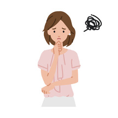 立って手をあごにあてて困っているオフィスカジュアルの女性