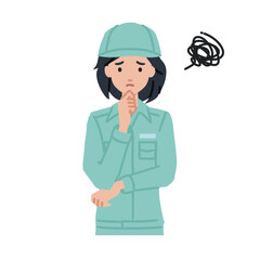 立って手をあごにあてて困っている作業員の女性