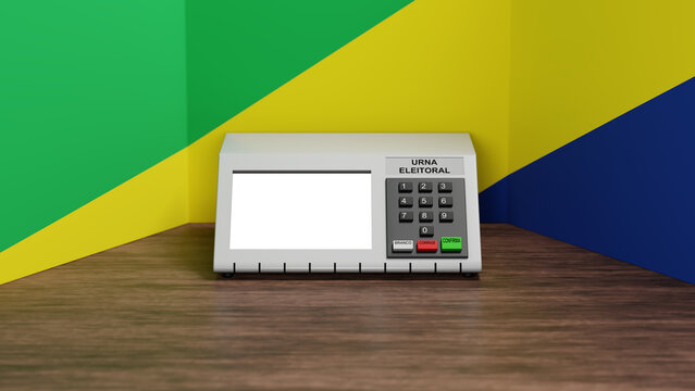 Renderiza&ccedil;&atilde;o 3D de urna eletr&ocirc;nica com cores da bandeira do Brasil ao fundo, tela branca e escritos dizendo em portugu&ecirc;s: "branco", "corrige", "confirma" e "urna eleitoral"	