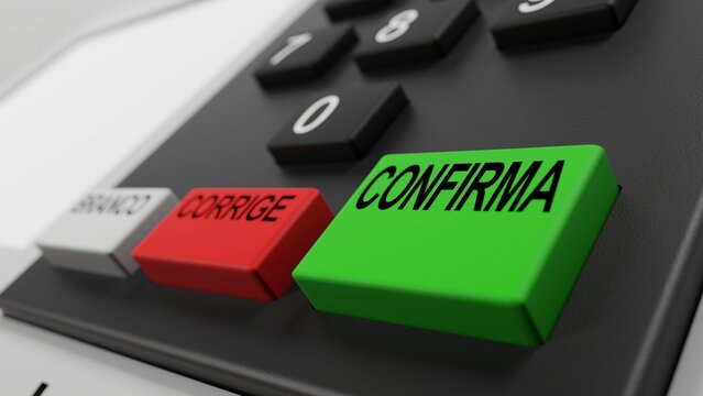 Renderiza&ccedil;&atilde;o 3d de close-up em bot&atilde;o de confirma&ccedil;&atilde;o verde de teclado num&eacute;rico de urna eletr&ocirc;nica usada no Brasil, escrito em portugu&ecirc;s: "branco", "corrige" e "confirma"