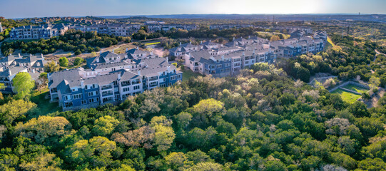 Austin, Texas- Aerial panoramic view of apartment complex area