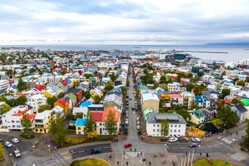 Skyline aerial view of Reykjavik city, Iceland. Skolavordustigur street, downtown, central streets,...