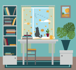 Vector interior: bookshelf, table, books, picture, chair, window with autumn outside, cat, plants. For design illustrations, card, poster.