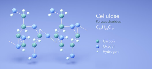 cellulose, polysaccharide. molecular structures, 3d rendering, Structural Chemical Formula and Atoms with Color Coding