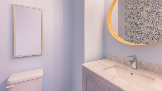 Panorama Powder Blue Bathroom Interior With Floral Wall Paper