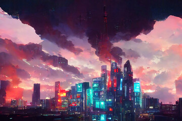 Futuristic Skyline, city, glowing, colorful
