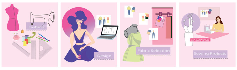 School of design and sewing, banner and business card about the sewing process, design, pattern, sewing machine, sewing accessories. Vector illustration for advertising, web design, posters, business 