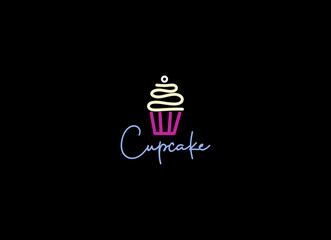 Cupcake Shop Logo. Round linear logo of cake store on black background. 